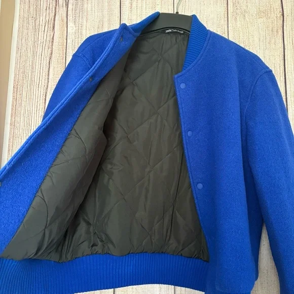 Zara Mens Wool Varsity Blue Bomber Jacket size Large - Picture 9 of 10